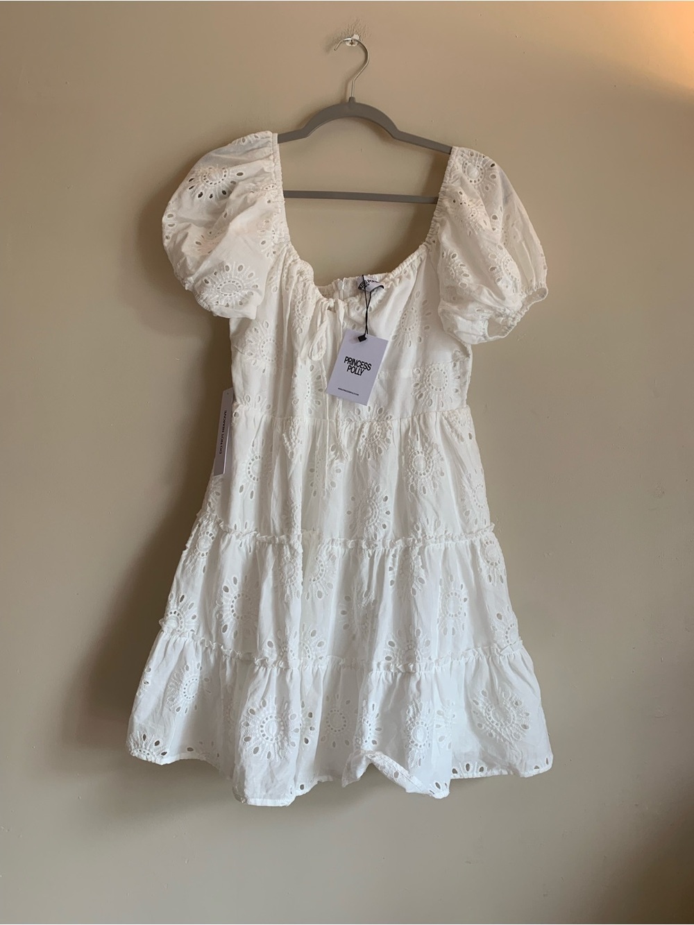Princess Polly NWT New White Eyelet Tiered Puff-Sleeve Mini Dress Women Size 8